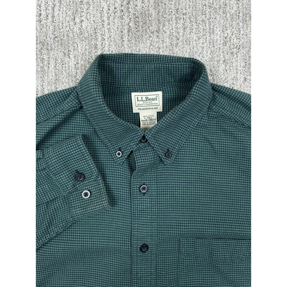 LL Bean Men's Houndstooth Flannel Button Down Pocket Green Shirt Large Tall LT